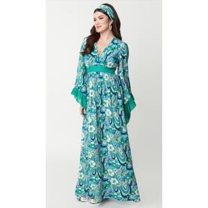 Unique Vintage 1960’s Teal and Blue Psychedelic Floral Maxi Dress XS NWOT